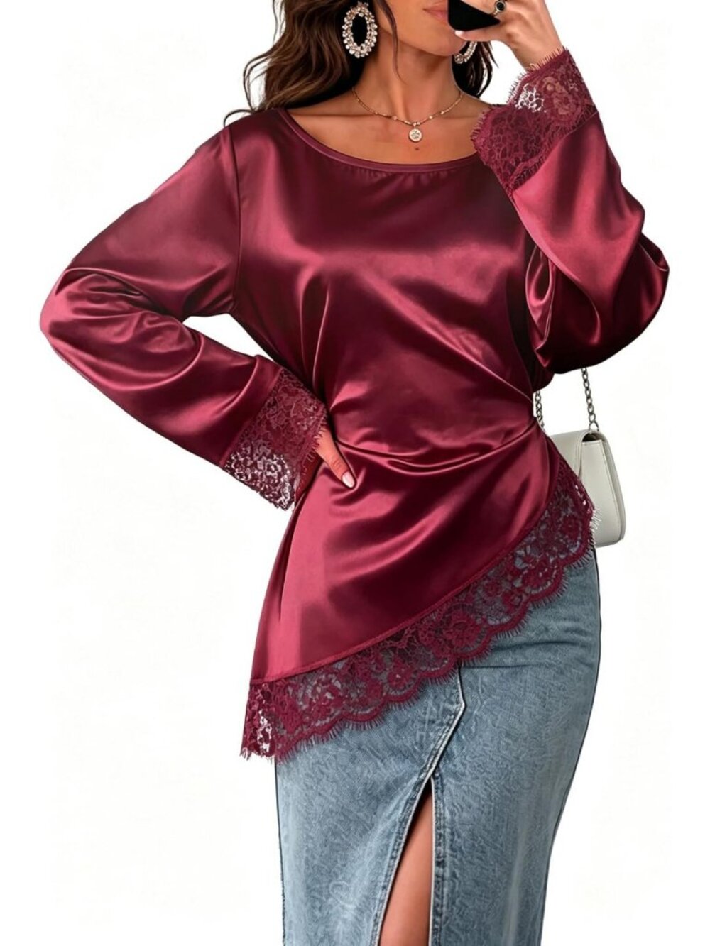 Chic Asymmetrical Lace Satin Blouse with Belt | Long Sleeve Women's Top